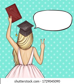 Vector pop art illustration of a young graduate student girl in academic cap with a university diploma in hand, back view. Lady shows victory,peace sign. Concept of celebrating the graduation ceremony