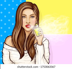 Vector pop art illustration of a young sexy girl smoking e-cigarette, exhaling a vapor. Template advertising poster or sale promo banner for e-cig vape shop, vape bar, electronic vaping device store.