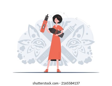 Vektorgrafik eines jungen, sexy Mädchens, das E-Zigarette raucht und einen Dampf ausatmet. Template-Werbeplakat oder verkaufen Werbebanner für e-cig-Vape-Shop, Vape-Bar, elektronischen Dampf-Gerät-Shop.