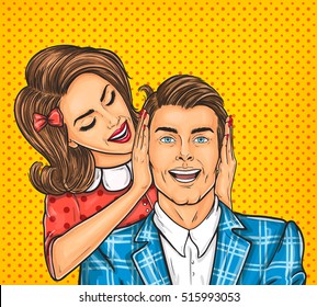 Vector pop art illustration of a young woman close ears to the her man