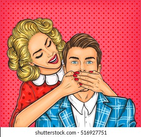 Vector Pop Art Illustration Of A Young Woman Close Mouth To The Her Man