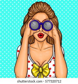 Vector pop art illustration of a young sexy girl watching with binoculars for discounts.