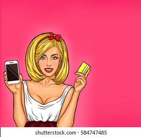 Vector pop art illustration of a young sexy girl holding smartphone and credit card.
