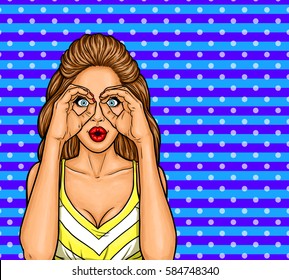 Vector pop art illustration of a young sexy girl folded her arms as though looking through binoculars for discounts.