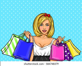 Vector pop art illustration of a young sexy happy girl holding shopping bags.