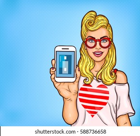 Vector Pop Art illustration of a young girl demonstrates the possibility of online shopping, electronic payments