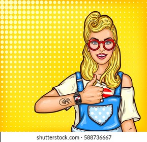 Vector Pop Art illustration of a young girl demonstrates the possibility of online shopping, electronic payments