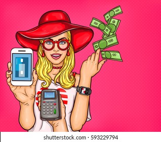 Vector Pop Art illustration of a young girl demonstrates the possibility of online shopping, electronic payments