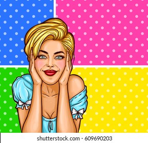 Vector pop art illustration of a young beautiful woman dreaming with open eyes