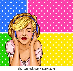 Vector pop art illustration of a young beautiful woman in headphones enjoying music with eyes closed