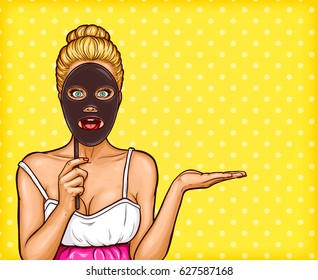 Vector pop art illustration of a young blond girl holding a mask in her hand imitating a cosmetology face mask