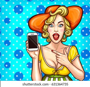 Imagen de arte pop vectorial de un joven sosteniendo un teléfono móvil en su mano y mostrando su pantalla. Un gran afiche para un nuevo modelo de smartphone