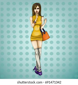 Vector pop art illustration of a young girl holding her finger on her lips and asking for silence, quiet, do not tell anyone. Excellent advertising poster for advertising discounts and sales
