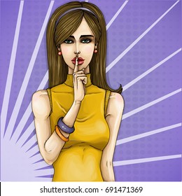 Vector pop art illustration of a young girl holding her finger on her lips and asking for silence, quiet, do not tell anyone. Excellent advertising poster for advertising discounts and sales