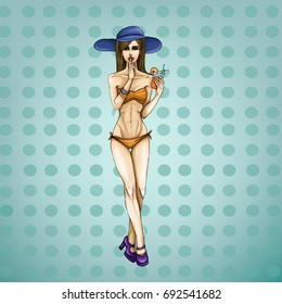Vector pop art illustration of a young girl holding her finger on her lips and asking for silence, quiet, do not tell anyone. Excellent advertising poster for advertising discounts and sales