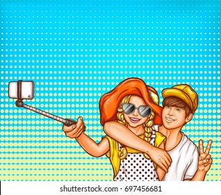 Vector pop art illustration of a young girl and boy hugging and making selfies on a smartphone using selfish sticks. Print, template, design element