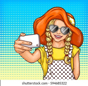 Vector pop art little girl in sunglasses and vintage hat makes selfie