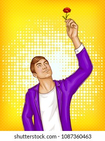 Vector pop art male character with flower waiting girl on date, meeting. Romantic concept with brown haired macho in violet jacket, white t-shirt. Beauty man isolated on yellow dotted background