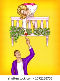 Vector pop art male character gives flower to the girl on balcony. Romantic concept of date, meeting with brown haired macho in jacket, blonde overweight woman isolated on yellow dotted background