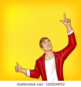 Vector pop art male character showing ok sign, gesture of good, positive. Sale poster, promotion banner with brown haired man in red jacket, white t-shirt isolated on yellow background