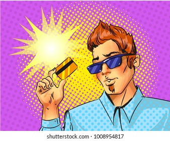 Vector pop art man in sunglasses holding credit card. Comic book vintage illustration.