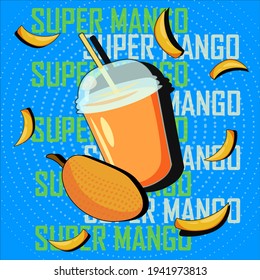 Vector pop art mango juice glass with pieces of mango