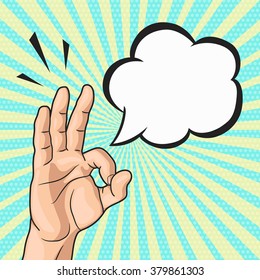 Vector pop art OK mans hand sign in retro comics style, OKAY hand gesture with speech bubble for text