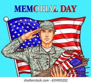 Vector pop art patriotic illustration a male soldier render military salute against a fluttering American flag. It can be used for Independence Day