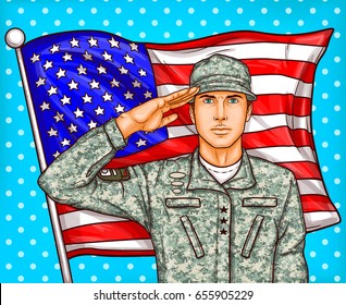 Vector pop art patriotic illustration a male soldier render military salute against a fluttering American flag. It can be used for Independence Day