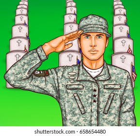 Vector pop art patriotic illustration a male soldier render military salute on the background of rows of grave stones with national flags. Can be used for Memorial Day 