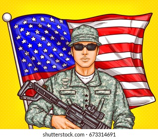 Vector pop art patriotic illustration a male soldier with arms in hands against a fluttering American flag. It can be used for Independence, Memorial, Armed Forces Day 