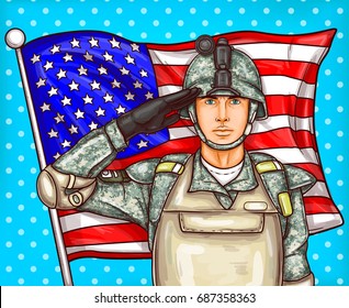 Vector pop art patriotic illustration a male soldier in bulletproof vest and helmet render military salute against a fluttering American flag. Template for Independence, Memorial and Flag Day