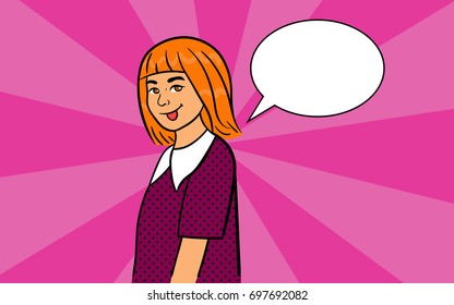 a vector pop art picture of a smiling redhead school girl showing tongue with speech bubble