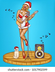 Vector pop art pin up christmas sexy girl in santa s costume singing song with microphone, electric guitar, loudspeaker and cat in xmas cap, hat. Holiday design illustration. Celebration concept.