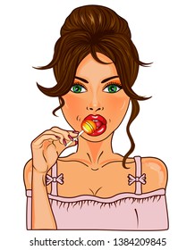 Vector pop art pin up girl brunette sucks lollipop, isolated on white background, Advertising poster for sales, discounts, special offers