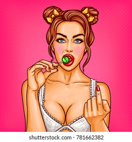 Vector pop art pin up girl brunette in white lace bra sucks lollipop and makes beckoning gesture with her finger, isolated on pink background, Advertising poster for sales, discounts, special offers