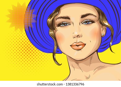 Vector pop art pin up illustration of a sexy girl in a luxurious hat. Excellent poster for advertising discounts and sales in the style of pop art