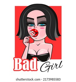 Vector pop art pin up illustration of a young sexy punk girl sucks lollipop heart