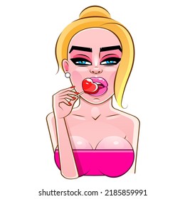 Vector pop art pin up illustration of a young punk girl sucks lollipop heart