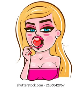 Vector pop art pin up illustration of a young sexy punk girl sucks lollipop heart