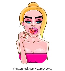 Vector pop art pin up illustration of a young sexy punk girl sucks lollipop heart