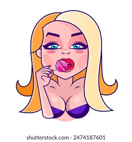 Vector pop art pin up illustration of a young sexy punk girl sucks lollipop heart