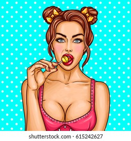 Vector pop art pin up illustration of a young sexy brunette girl sucks lollipop