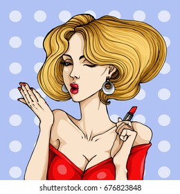 Vector pop art pin up illustration of a young beautiful woman made up her lips with red lipstick and sends an air kiss. Excellent advertising poster