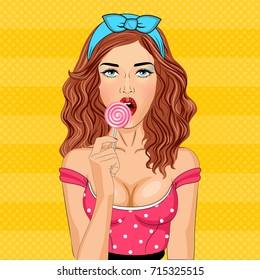 Vector pop art pin up illustration of a young sexy girl sucks lollipop