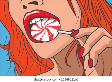 Vector pop art pin up sexy girl with red hair sucking Lollipop isolated on blue background, for poster, loft style	