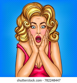 Vector pop art pin up shocked, surprised girl with opened mouth. Adult middlge age blonde housewife woman touching face with amazed face. Illustration for sale, discount, promo, advertising poster