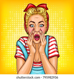 Vector pop art pin up shocked retro vintage style girl with opened mouth. Adult middle age blonde housewife woman touching face with amazed expression. Illustration for sale discount promo advertising