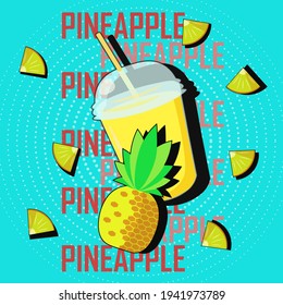 Vector pop art pineapple juice with pineapple slices