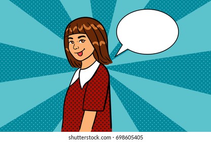 A vector pop art portrait of a school girl showing tongue with a speech bubble